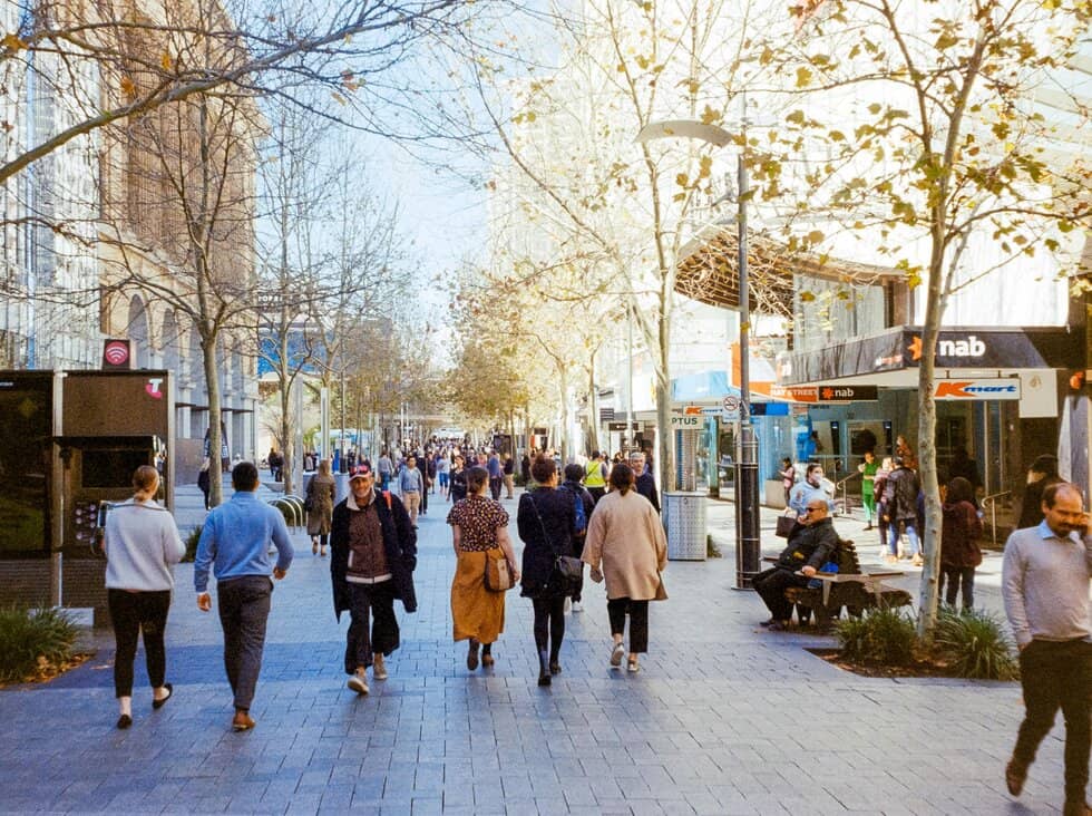 People Walking Down A City Street In Perth Australia