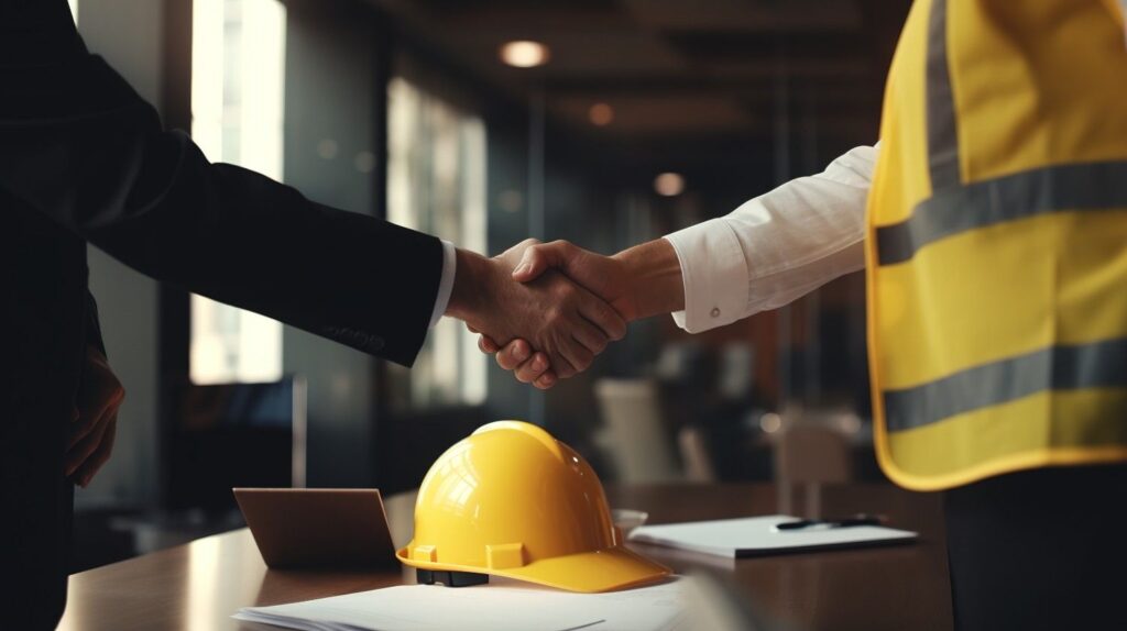 Vecteezy Two People Shaking Hands Over A Desk With A Hard Hat Ai 32974195 3